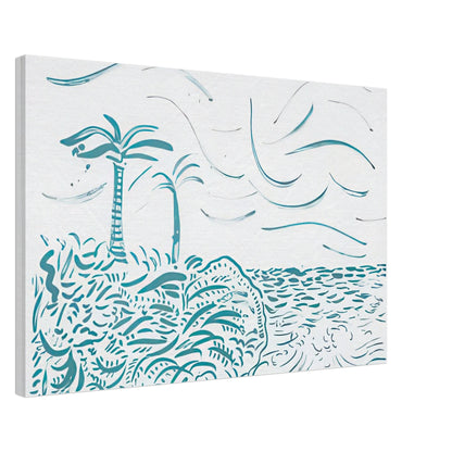 David Hockney canvas print of In Front Of House Looking West, composed of flowing turquoise lines suggesting water and shoreline, size 60 × 90 cm (24 × 36 in).