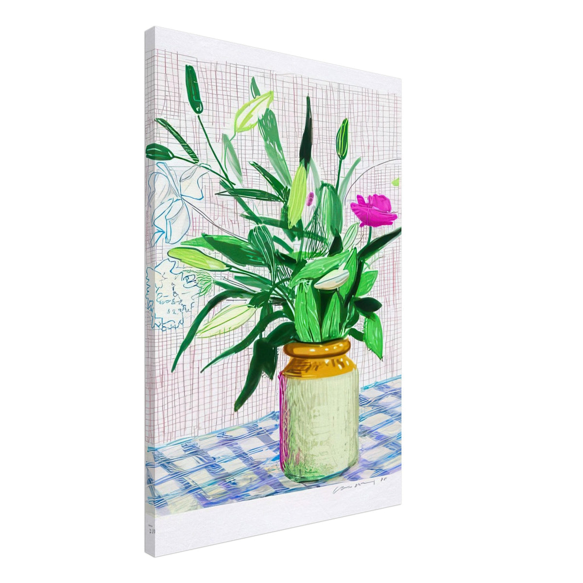 David Hockney, Untitled No. 516, flowers and ferns in a vase on a blue checked table, canvas print, 45 × 60 cm (18 × 24 in)
