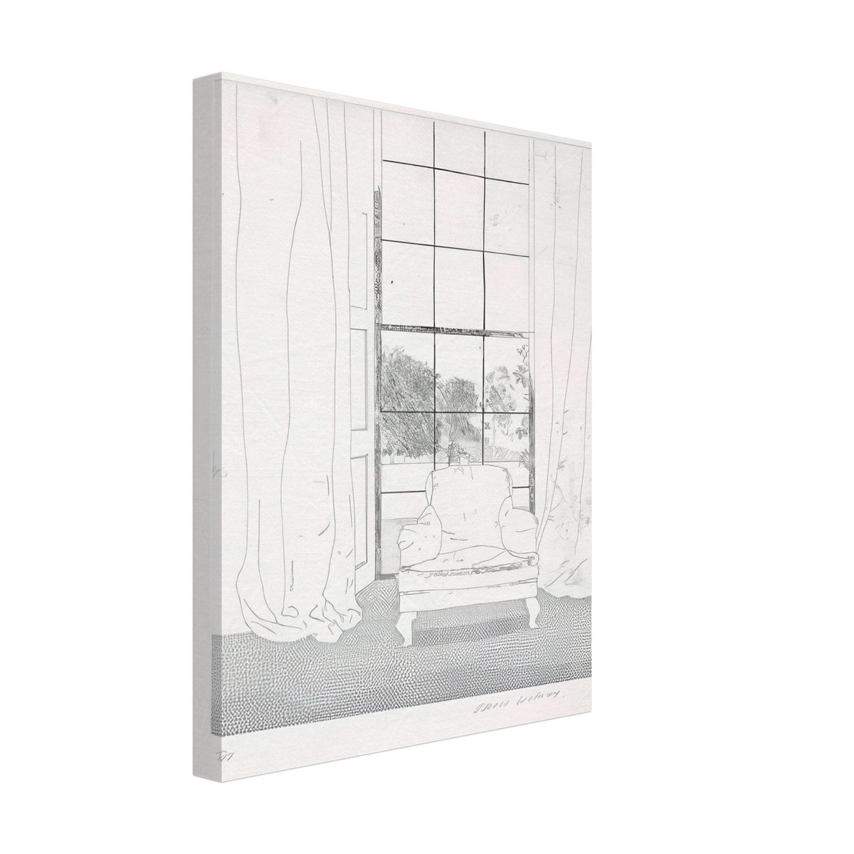 David Hockney, Home, armchair beside a curtained window overlooking a garden, canvas print, 27 × 35 cm (11 × 14 in)