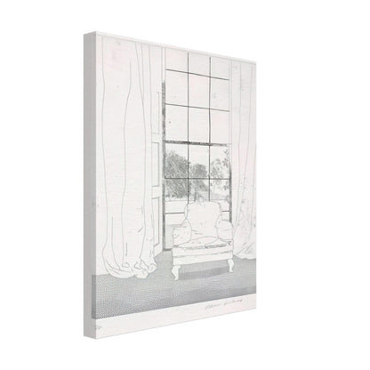 David Hockney, Home, armchair beside a curtained window overlooking a garden, canvas print, 27 × 35 cm (11 × 14 in)