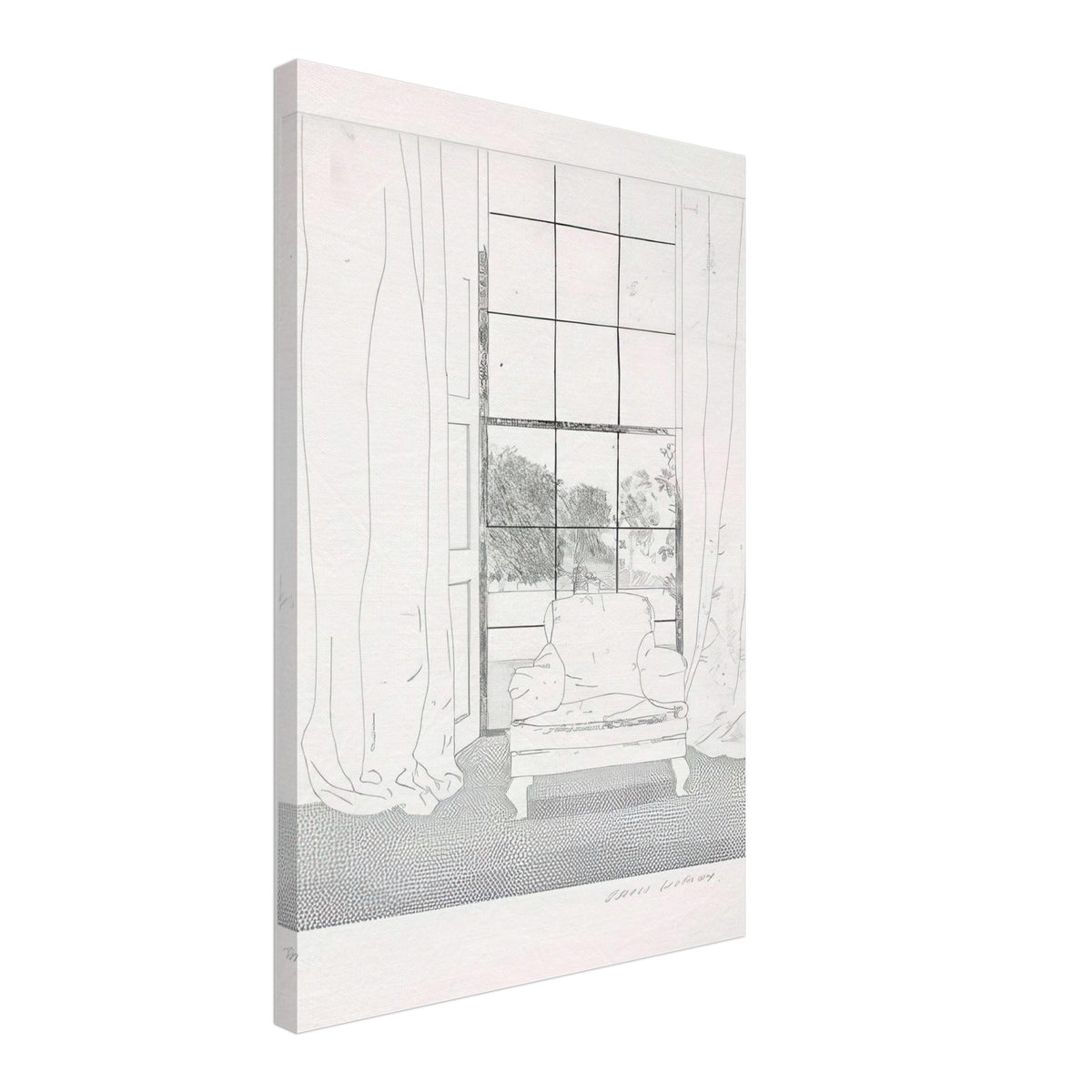 David Hockney, Home, armchair beside a curtained window overlooking a garden, canvas print, 30 × 30 cm (12 × 12 in)