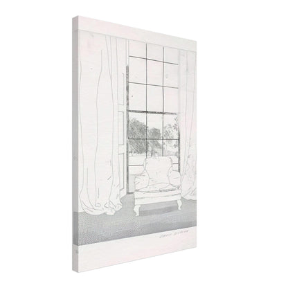 David Hockney, Home, armchair beside a curtained window overlooking a garden, canvas print, 30 × 30 cm (12 × 12 in)