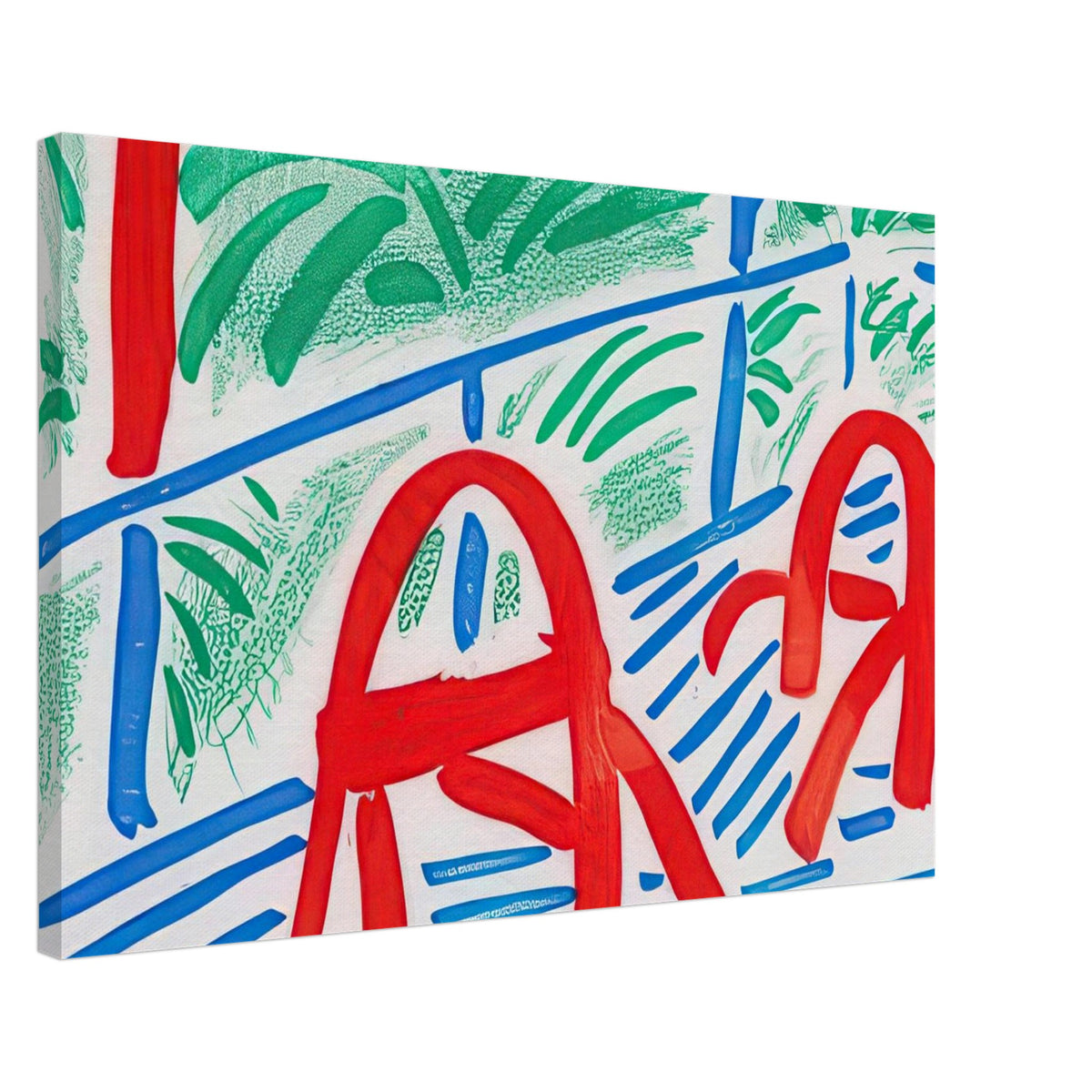 Two Red Chairs by David Hockney, canvas print showing two red chairs against green foliage and blue lines, 50 × 75 cm (20 × 30 in).