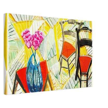 Walking Past Two Chairs by David Hockney, canvas print showing two wooden chairs at contrasting angles with bold red seats, 70 × 100 cm (28 × 40 in).