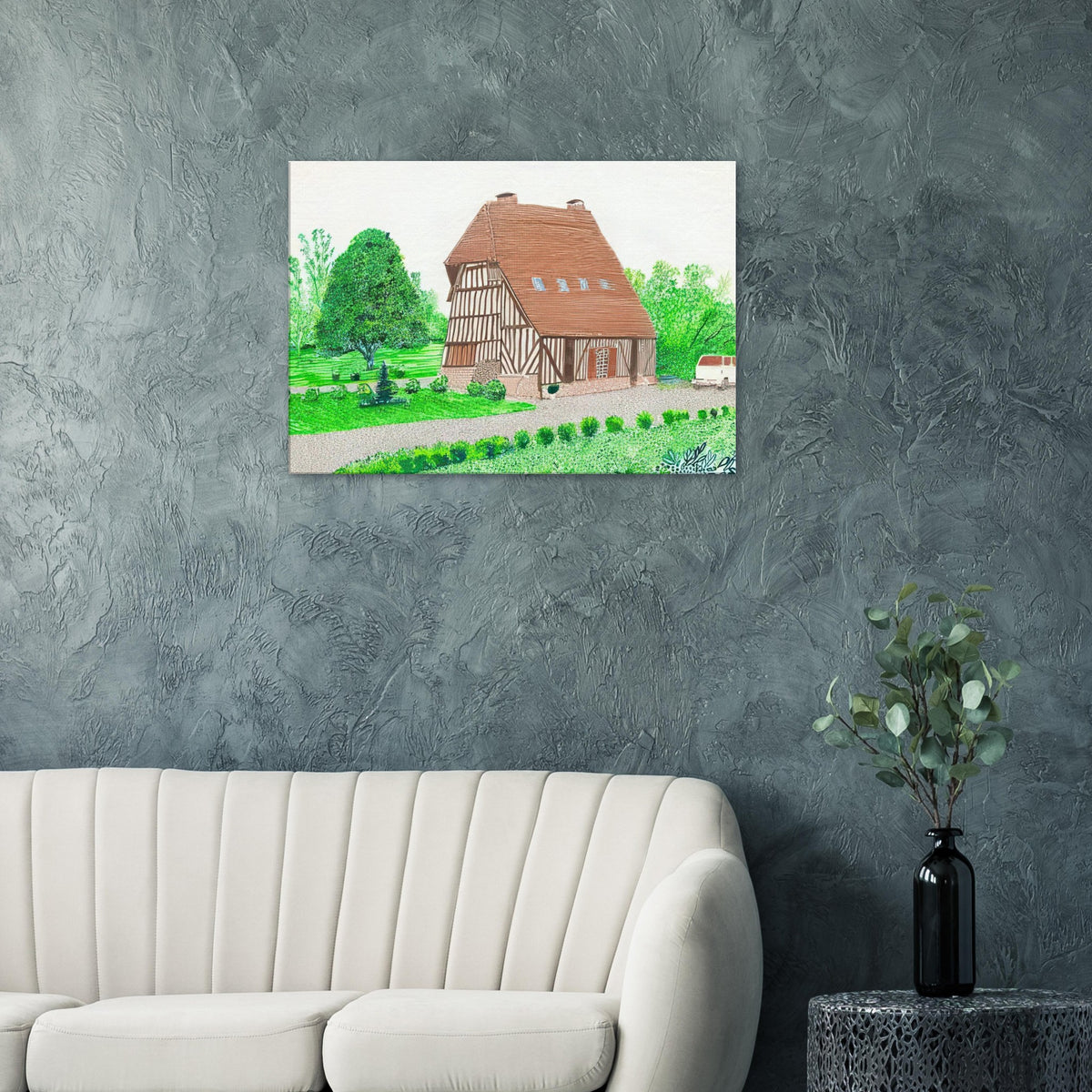 In Front Of House Looking West by David Hockney, canvas print showing Normandy country house, garden and lush greenery.