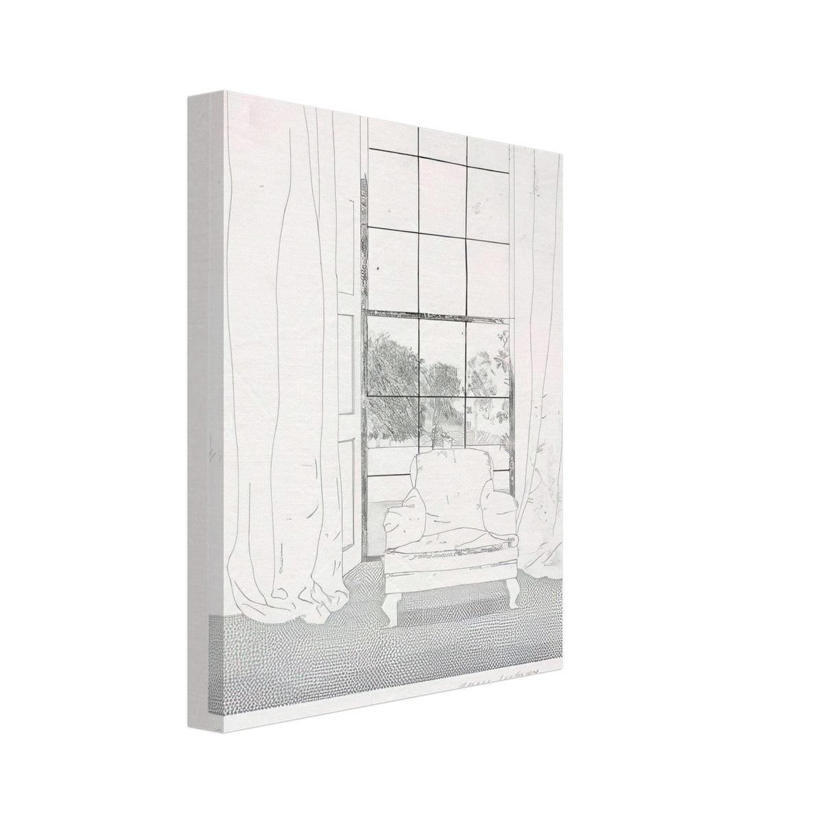 David Hockney, Home, armchair beside a curtained window overlooking a garden, canvas print, 40 × 60 cm (16 × 24 in)