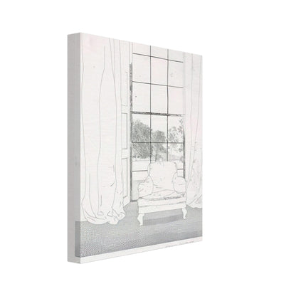 David Hockney, Home, armchair beside a curtained window overlooking a garden, canvas print, 40 × 60 cm (16 × 24 in)
