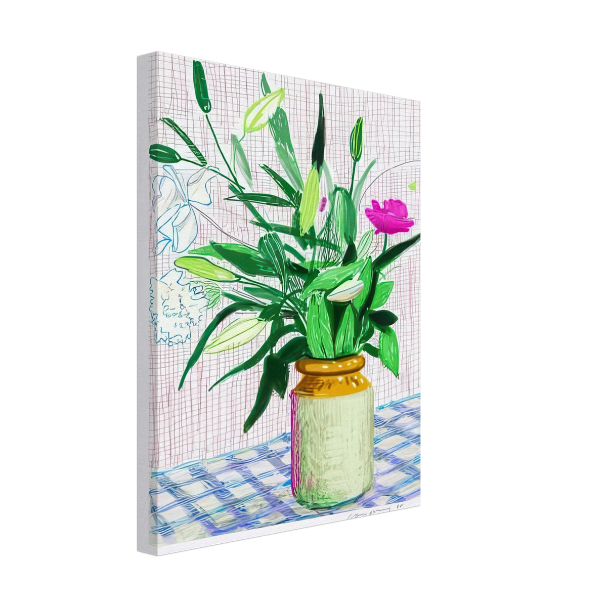 David Hockney, Untitled No. 516, flowers and ferns in a vase on a blue checked table, canvas print, 60 × 90 cm (24 × 36 in)