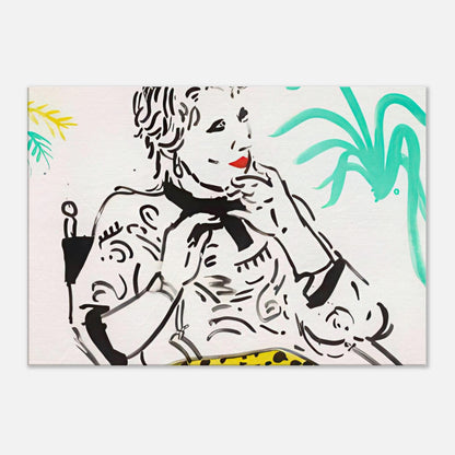 Celia With Green Plant by David Hockney, canvas print showing Celia seated beside a green plant, with patterned clothing and bold linework.