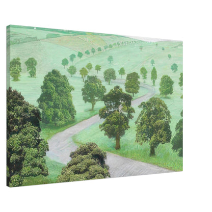 David Hockney canvas print of Green Valley, showing open fields, flowering trees and a winding road in soft, misty colours, size 70 × 100 cm (28 × 40 in).