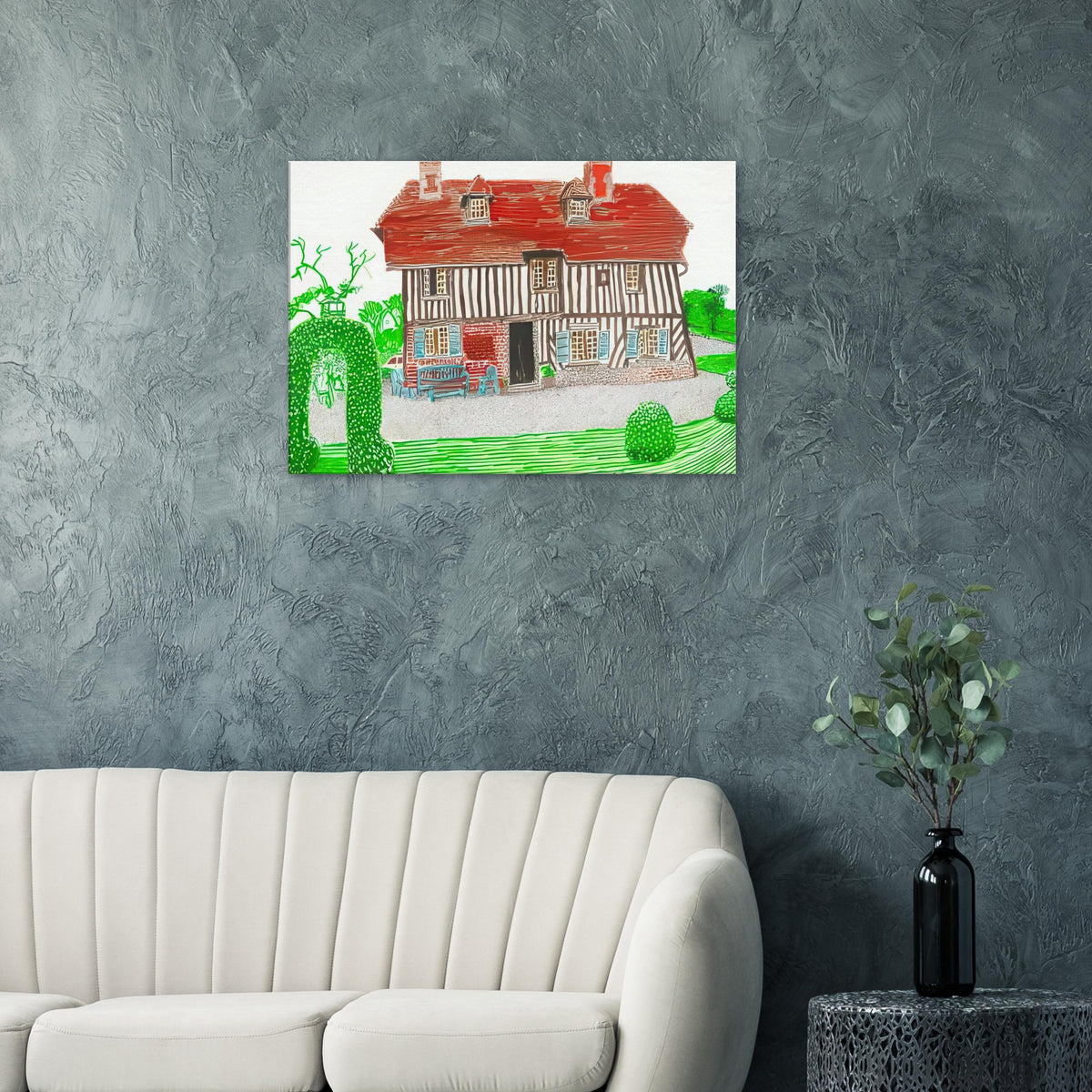 In Front Of House Looking North by David Hockney, canvas print showing Normandy country house, garden and lush greenery.