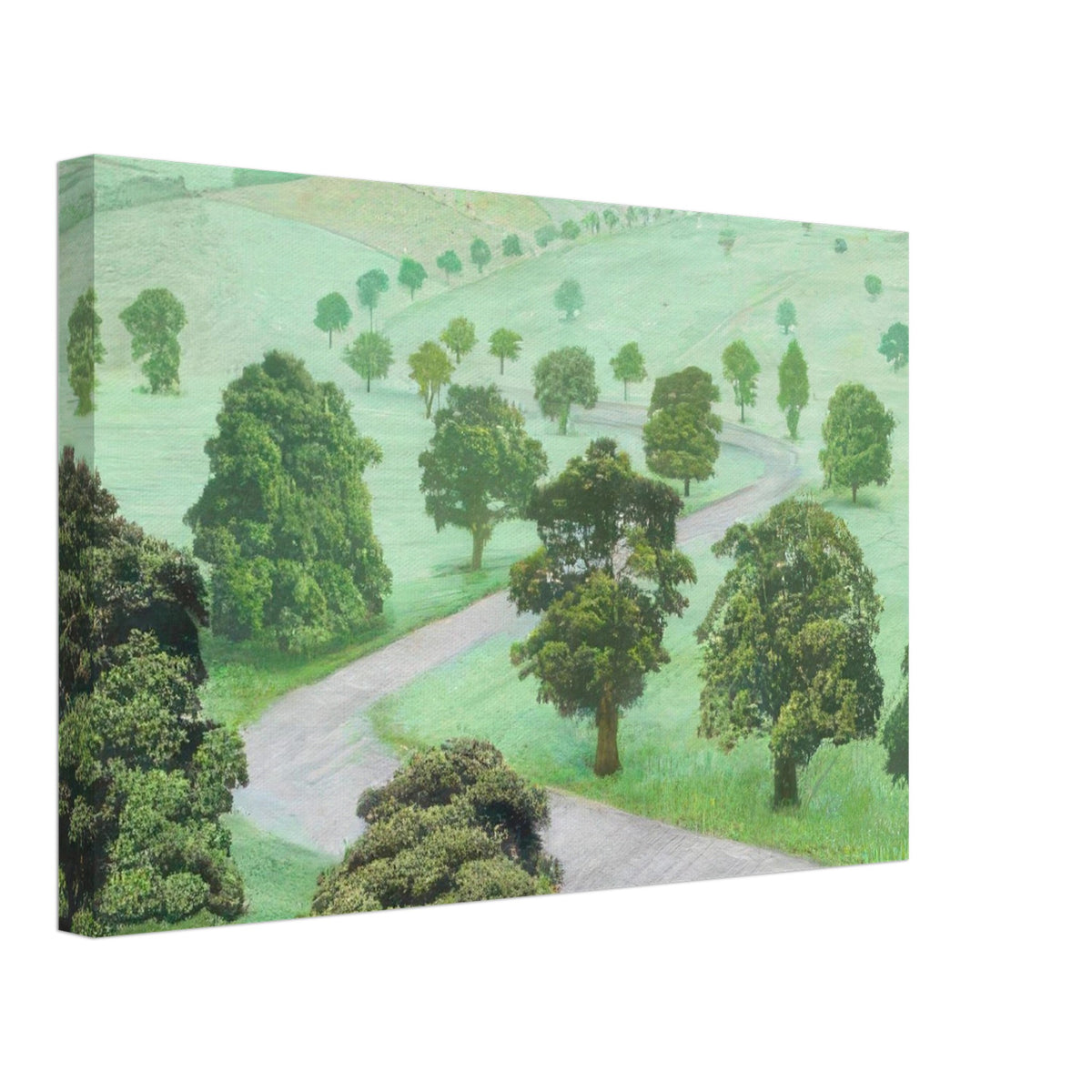 David Hockney canvas print of Green Valley, showing open fields, flowering trees and a winding road in soft, misty colours, size 60 × 90 cm (24 × 36 in).