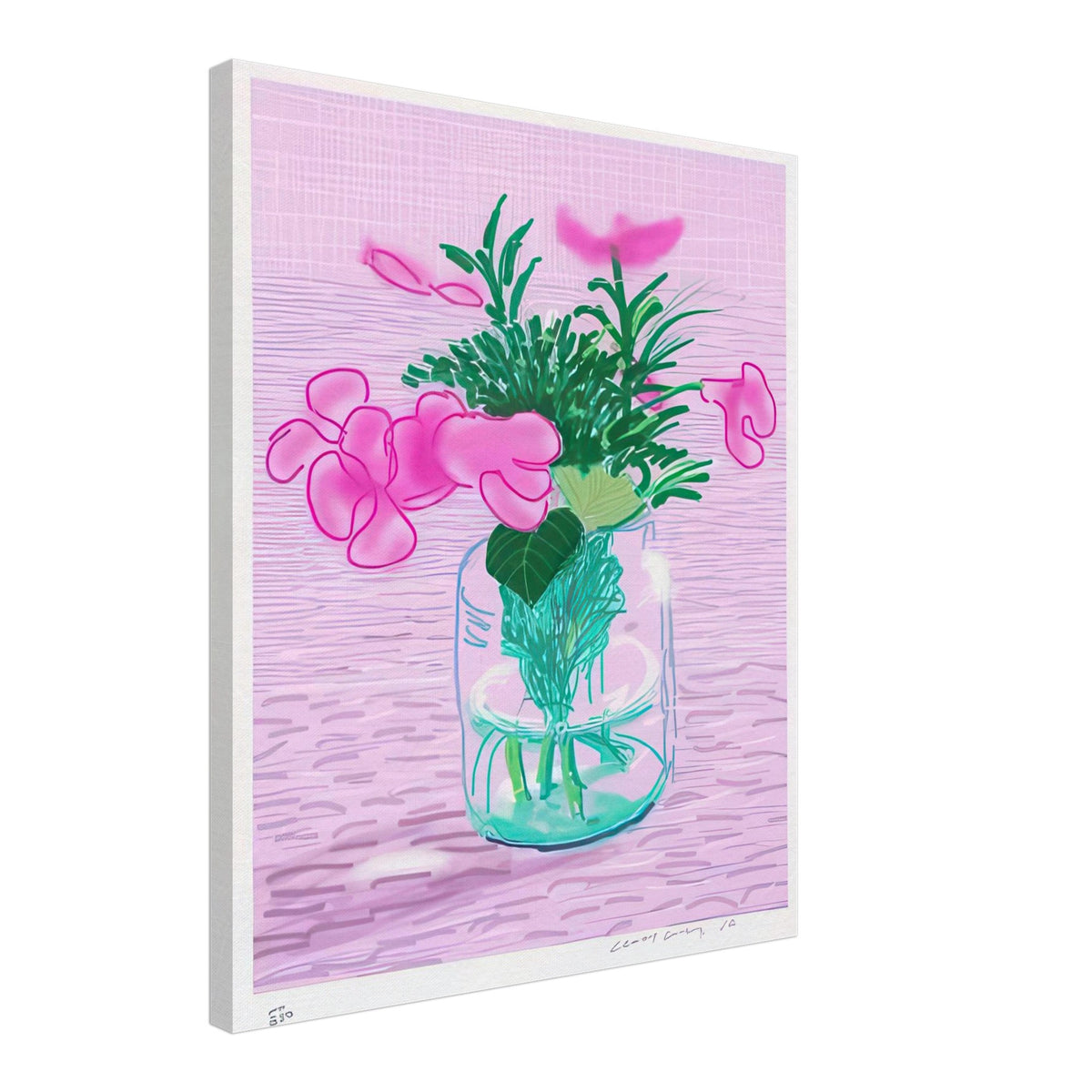 David Hockney, Untitled No. 329, pink flowers in a glass vase, canvas print, 60 × 80 cm (24 × 32 in)