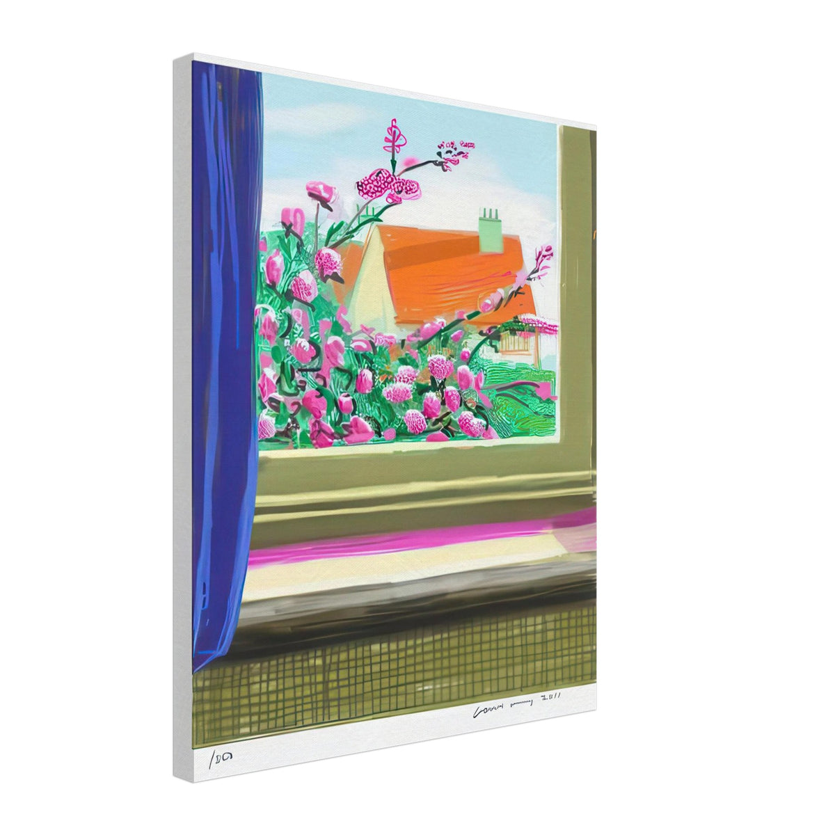 David Hockney, Untitled No. 778, flowers and a red-roofed house seen through a window, canvas print, 27 × 35 cm (11 × 14 in)