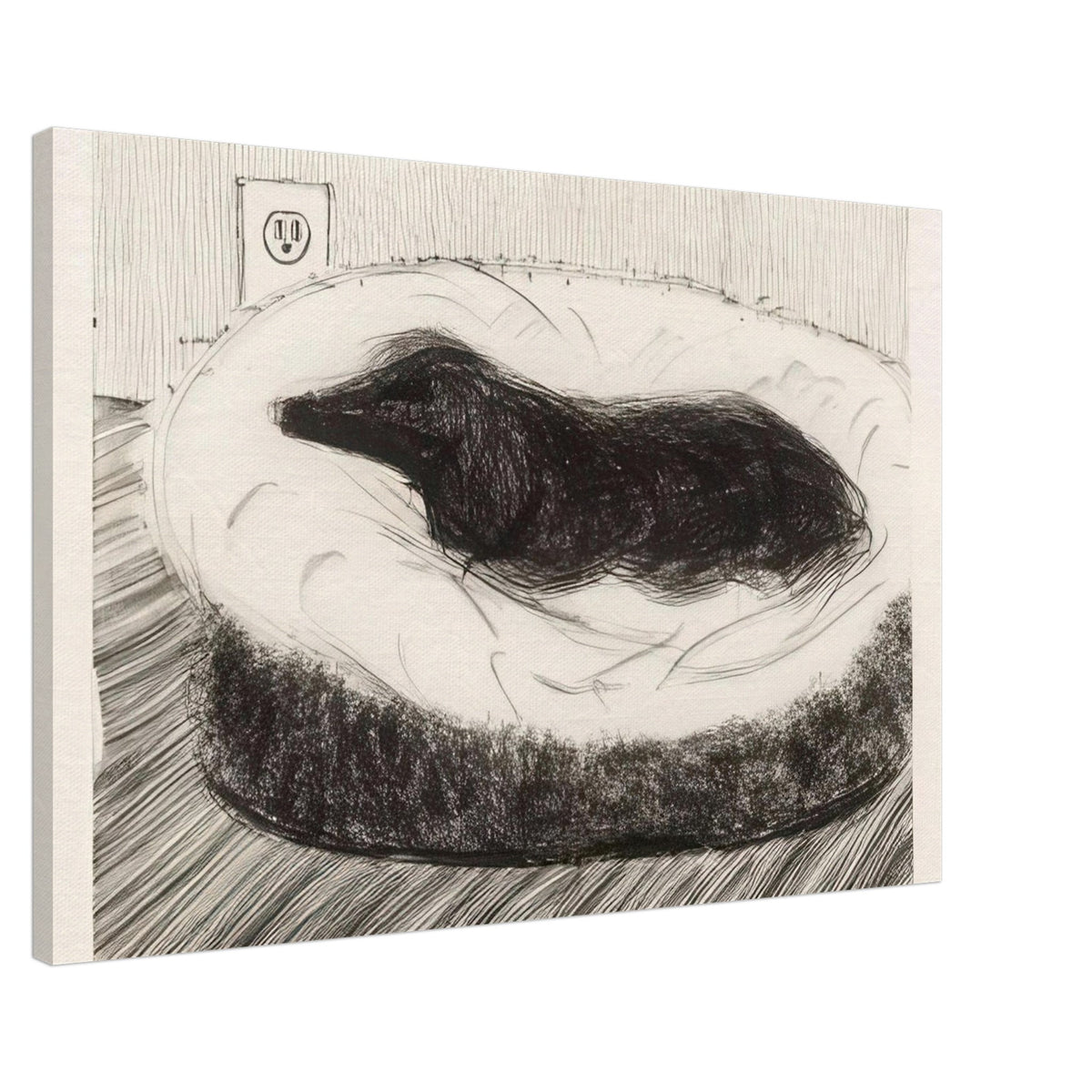 Dog Etching No. 5 by David Hockney, canvas print showing dark-coated dog resting on a cushioned seat in etched black-and-white lines, 60 × 90 cm (24 × 36 in).