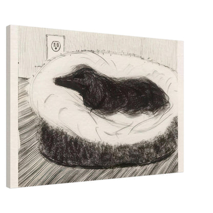 Dog Etching No. 5 by David Hockney, canvas print showing dark-coated dog resting on a cushioned seat in etched black-and-white lines, 60 × 90 cm (24 × 36 in).