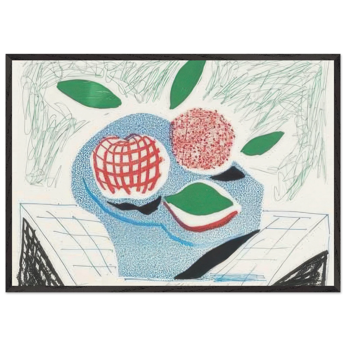 Fruit In A Blue Dish, April 1986 by David Hockney 70x100 cm / 28x40″ inches Framed Art Print – Black Wooden Frame