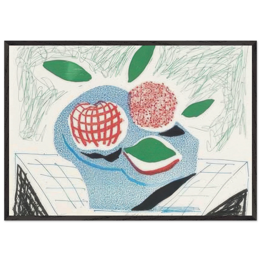 Fruit In A Blue Dish, April 1986 by David Hockney 70x100 cm / 28x40″ inches Framed Art Print – Black Wooden Frame