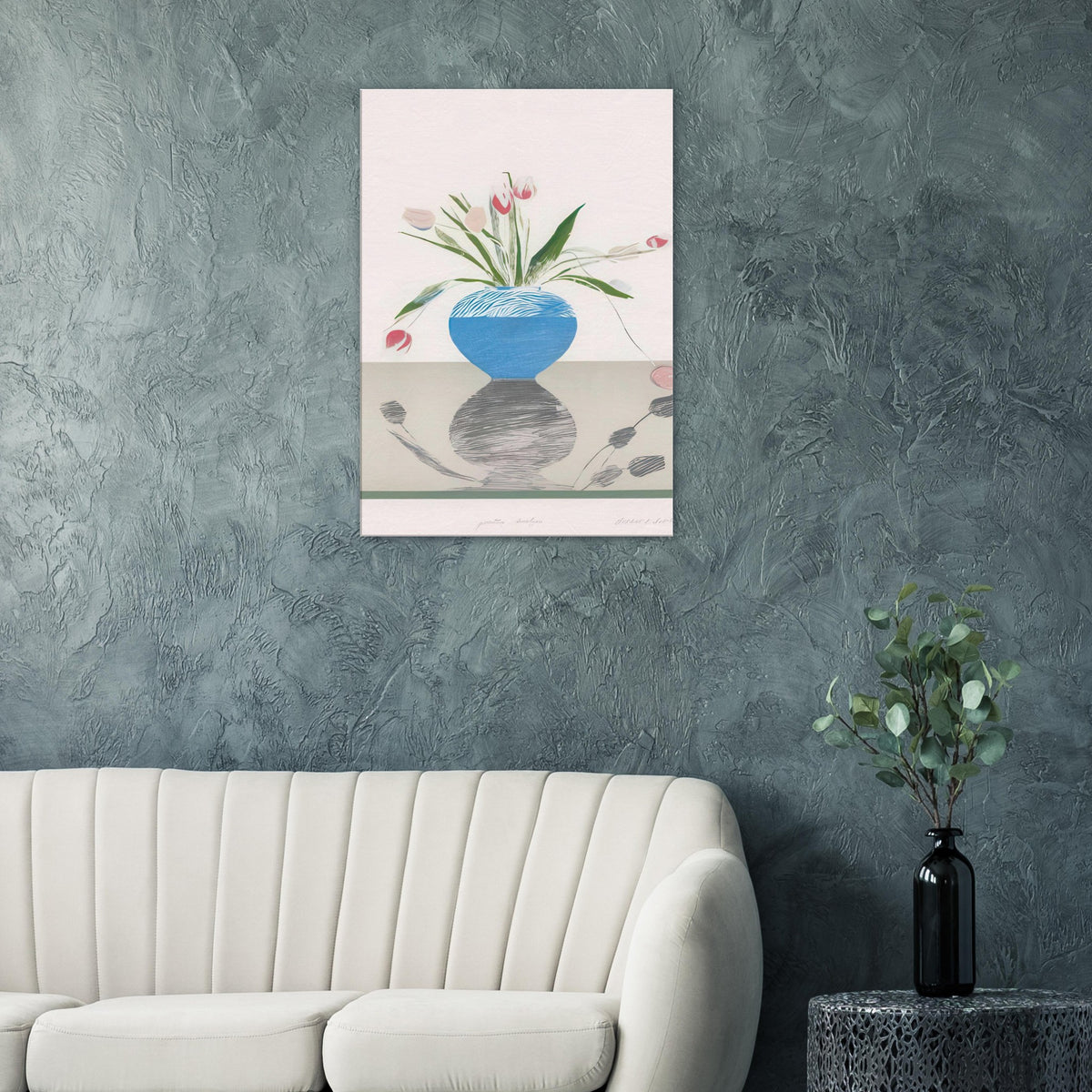 David Hockney, Pretty Tulips, pink and red tulips in a blue vase, canvas print