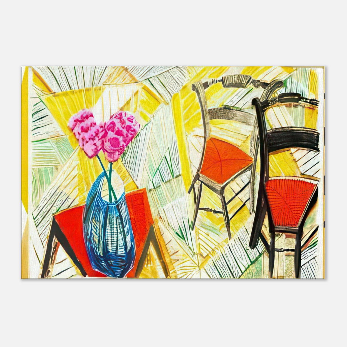 Walking Past Two Chairs by David Hockney, canvas print showing two wooden chairs at contrasting angles with bold red seats.