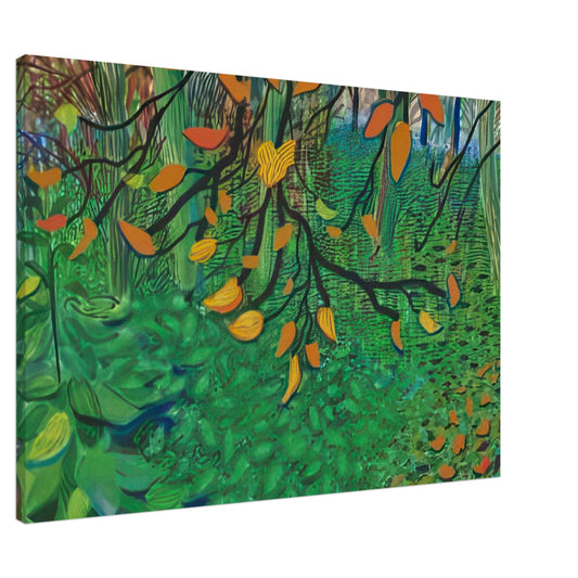 Autumn Leaves by David Hockney, canvas print showing orange and yellow autumn leaves against textured green foliage, 30 × 45 cm (12 × 18 in).