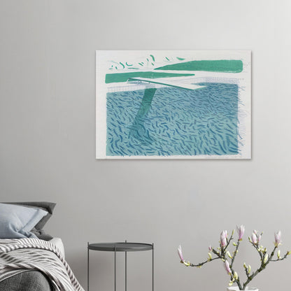 David Hockney canvas print of Lithographic Water Made Of Lines, Crayon And A Blue Wash, using crayon lines and blue washes to suggest ripples and reflections on water.