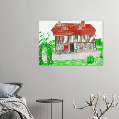 In Front Of House Looking North by David Hockney, canvas print showing Normandy country house, garden and lush greenery.
