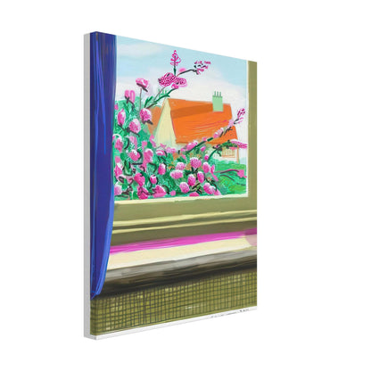 David Hockney, Untitled No. 778, flowers and a red-roofed house seen through a window, canvas print, 40 × 40 cm (16 × 16 in)