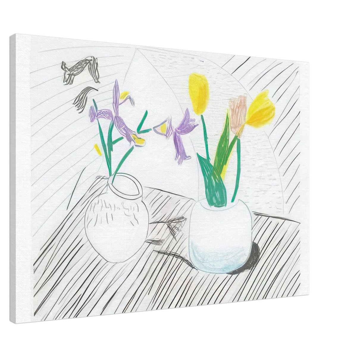 White Porcelain by David Hockney, canvas print showing two porcelain vases holding purple irises and red and yellow tulips, 30 × 45 cm (12 × 18 in).