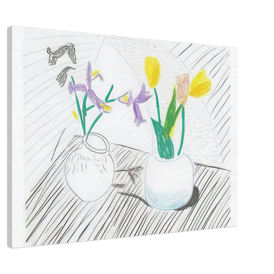 White Porcelain by David Hockney, canvas print showing two porcelain vases holding purple irises and red and yellow tulips, 30 × 45 cm (12 × 18 in).