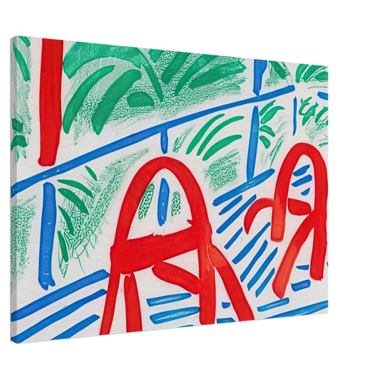 Two Red Chairs by David Hockney, canvas print showing two red chairs against green foliage and blue lines, 30 × 45 cm (12 × 18 in).