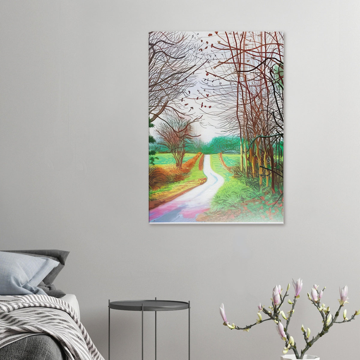 The Arrival of Spring in Woldgate, 29 December No. 1 — spring landscape artwork by David Hockney, reproduced as a canvas print.