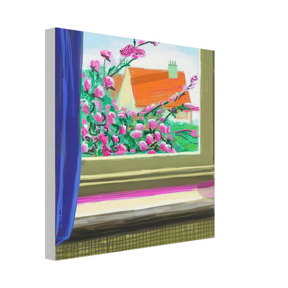 David Hockney, Untitled No. 778, flowers and a red-roofed house seen through a window, canvas print, 50 × 60 cm (20 × 24 in)