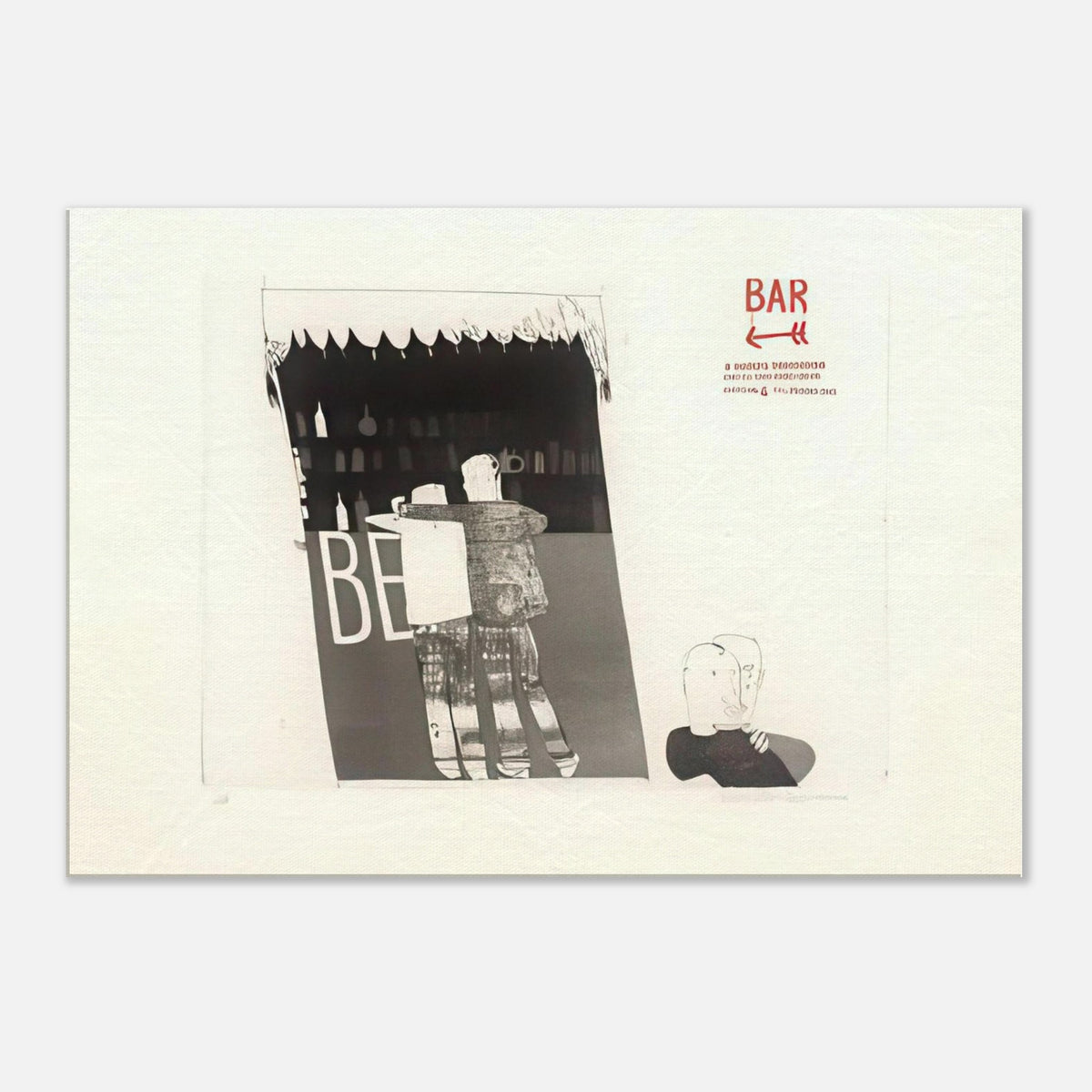 The Drinking Scene by David Hockney, canvas print showing figures gathered around a bar with rows of bottles behind them.