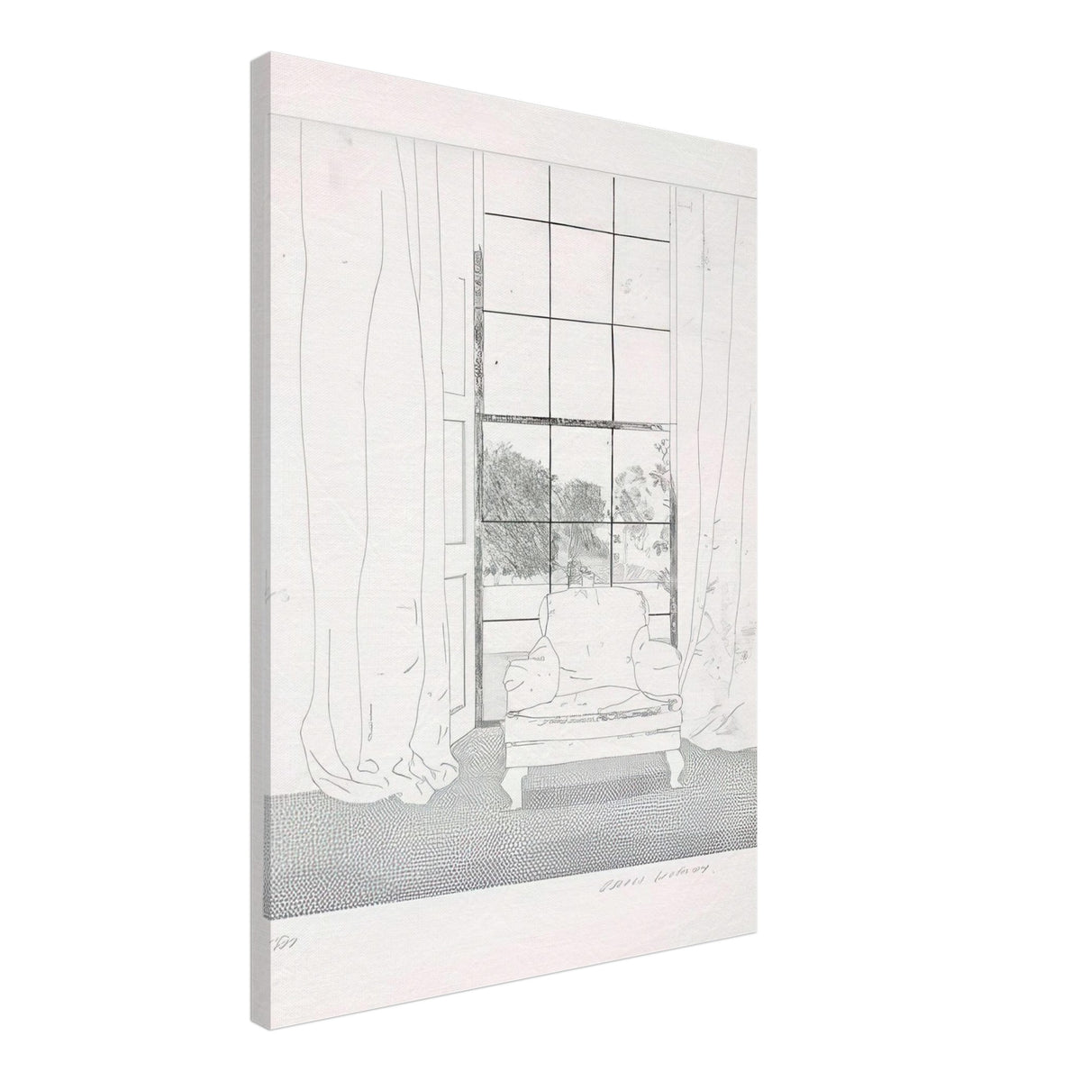 David Hockney, Home, armchair beside a curtained window overlooking a garden, canvas print, 60 × 75 cm (24 × 30 in)