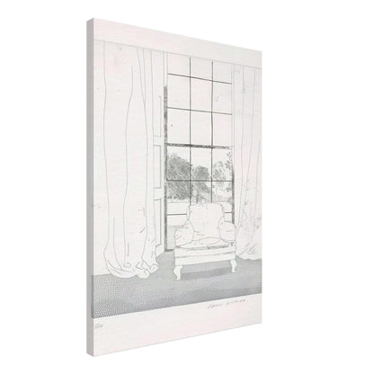 David Hockney, Home, armchair beside a curtained window overlooking a garden, canvas print, 60 × 75 cm (24 × 30 in)