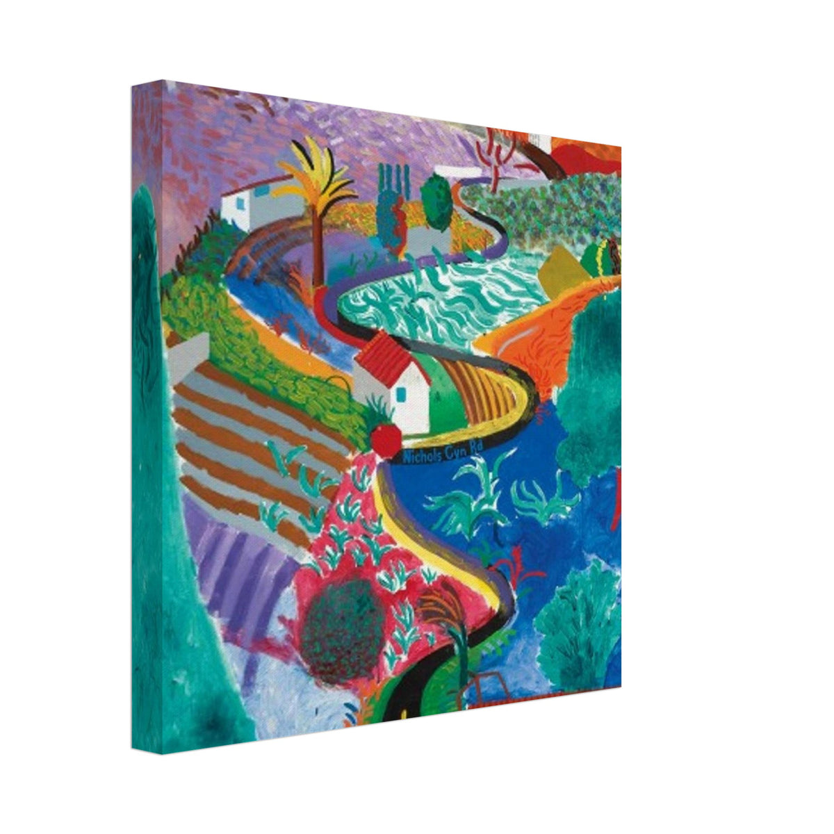 David Hockney, Nichols Canyon, colourful California landscape with a winding road, canvas print, 40 × 40 cm (16 × 16 in)