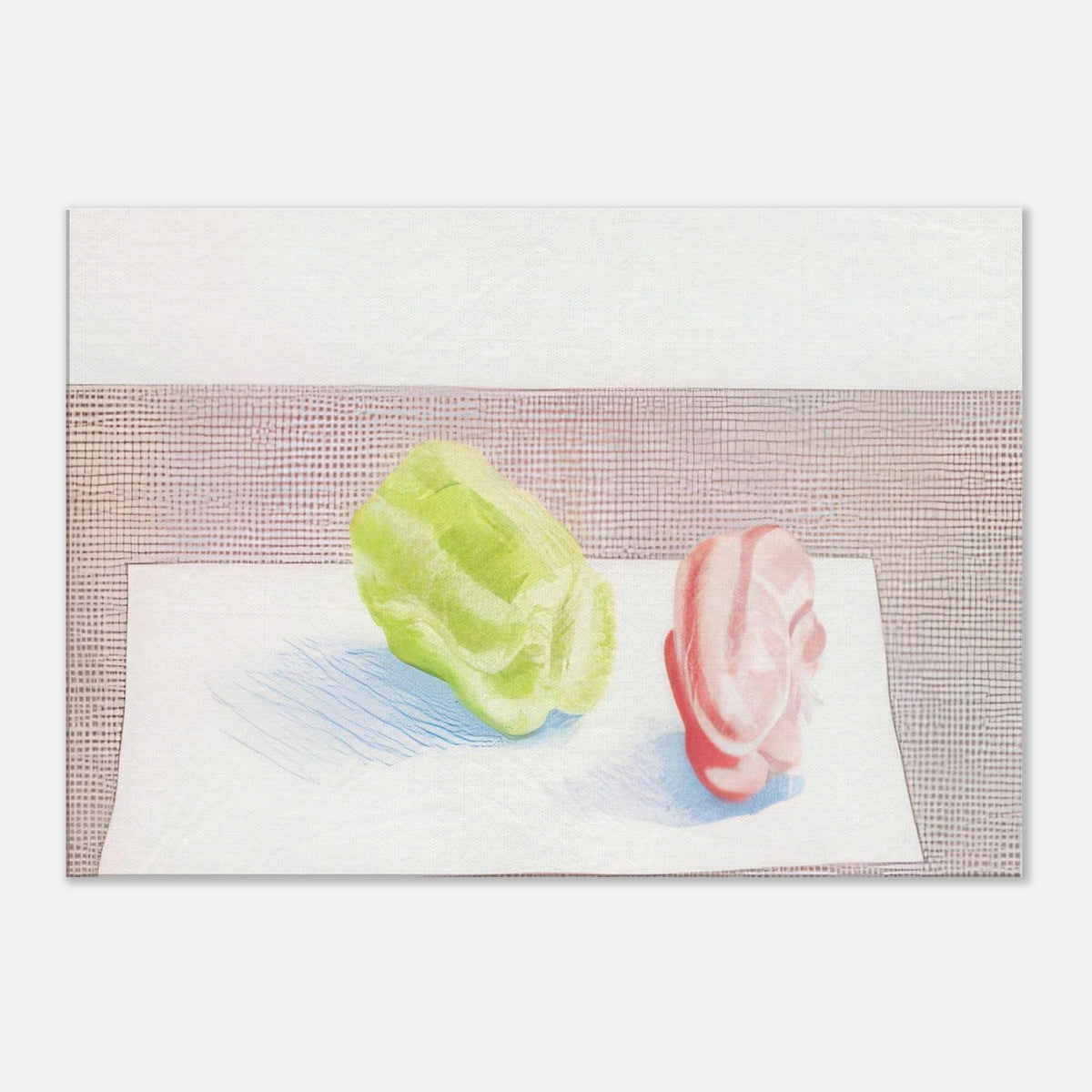 Two Peppers by David Hockney, canvas print showing red and green bell peppers against a textured background with blue shadows.