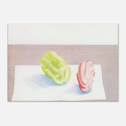 Two Peppers by David Hockney, canvas print showing red and green bell peppers against a textured background with blue shadows.