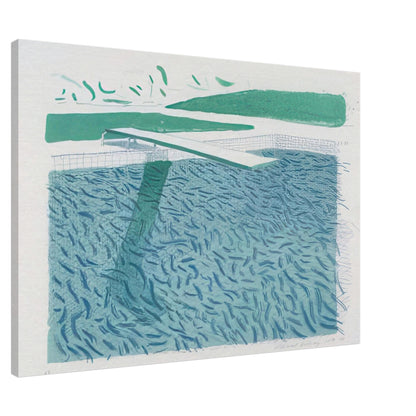 David Hockney canvas print of Lithographic Water Made Of Lines, Crayon And A Blue Wash, using crayon lines and blue washes to suggest ripples and reflections on water, size 30 × 45 cm (12 × 18 in).