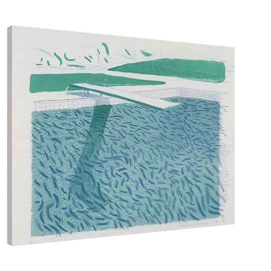 David Hockney canvas print of Lithographic Water Made Of Lines, Crayon And A Blue Wash, using crayon lines and blue washes to suggest ripples and reflections on water, size 30 × 45 cm (12 × 18 in).