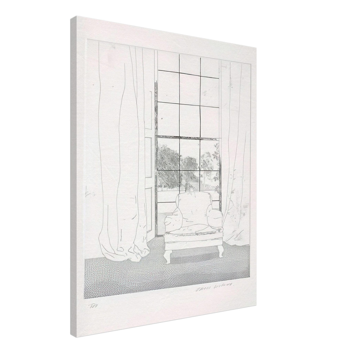 David Hockney, Home, armchair beside a curtained window overlooking a garden, canvas print, 60 × 80 cm (24 × 32 in)