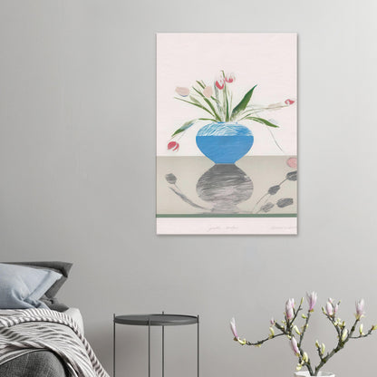 David Hockney, Pretty Tulips, pink and red tulips in a blue vase, canvas print
