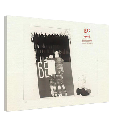 The Drinking Scene by David Hockney, canvas print showing figures gathered around a bar with rows of bottles behind them, 50 × 75 cm (20 × 30 in).