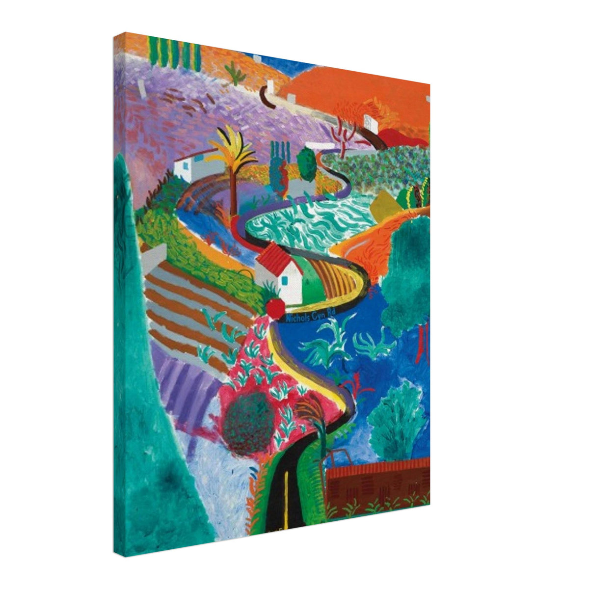 David Hockney, Nichols Canyon, colourful California landscape with a winding road, canvas print, 60 × 60 cm (24 × 24 in)
