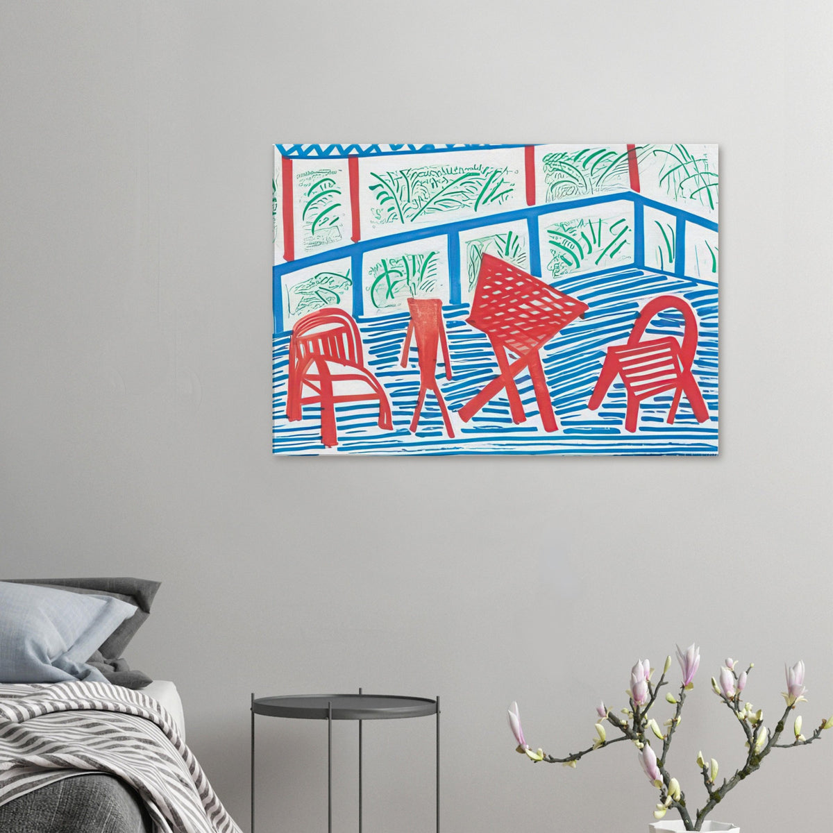 Two Red Chairs And Table by David Hockney, canvas print showing two red chairs and a table against blue-striped flooring and green foliage.