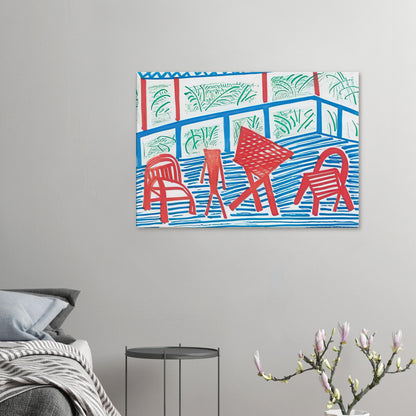 Two Red Chairs And Table by David Hockney, canvas print showing two red chairs and a table against blue-striped flooring and green foliage.