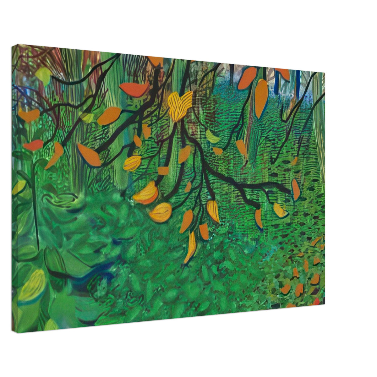Autumn Leaves by David Hockney, canvas print showing orange and yellow autumn leaves against textured green foliage, 70 × 100 cm (28 × 40 in).