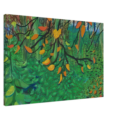 Autumn Leaves by David Hockney, canvas print showing orange and yellow autumn leaves against textured green foliage, 70 × 100 cm (28 × 40 in).