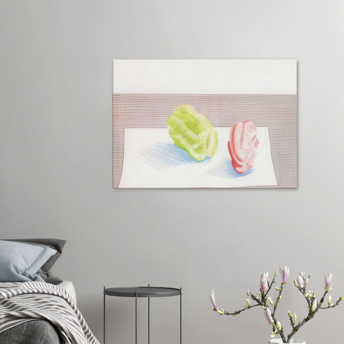 Two Peppers by David Hockney, canvas print showing red and green bell peppers against a textured background with blue shadows.